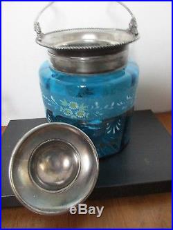 Aesthetic Victoian Silverplate Hand Painted Blue Glass Handled, Cover Jar