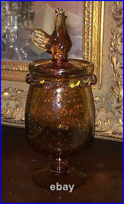 Amber Hand Blown Candy Dish Apothecary Jar Bullicante Control Bubble Rooster Lid