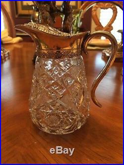 American Brilliant Cut Glass Syrup Jar With Silver Plated LID & Handle