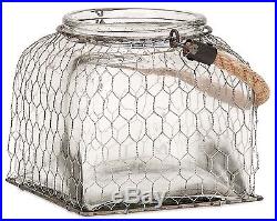 American Farmhouse Chic Chicken Wire and Glass Cage Jar Jute Rope Handle 12.5 H