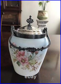 Andtique Victorian Biscuit Jar Van Bergh Satin Glass Silver Plate Lid and Handle