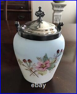 Andtique Victorian Biscuit Jar Van Bergh Satin Glass Silver Plate Lid and Handle