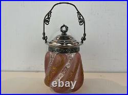 Ant Victorian Pink Satin Glass Biscuit Jar with Gilt Enamel Dec. & Silverplate Lid