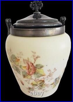 Antique 1800s Mt Washington Custard Satin Biscuit Jar w Lid Hand Painted Flowers