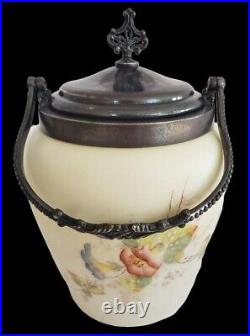 Antique 1800s Mt Washington Custard Satin Biscuit Jar w Lid Hand Painted Flowers