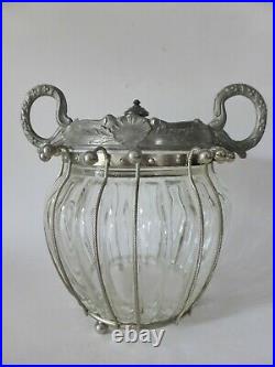 Antique 1880s Art Nouveau Glass Jar with Pewter Handles, Rim & Lid, Rare