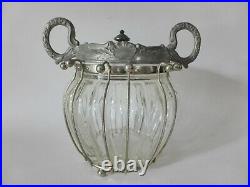 Antique 1880s Art Nouveau Glass Jar with Pewter Handles, Rim & Lid, Rare