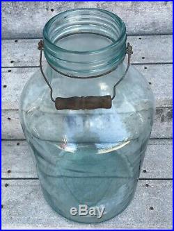 Antique 1927 Aqua Blue Glass 5 Gallon Wood Bail Handle Pickle Jar General Store