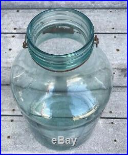 Antique 1927 Aqua Blue Glass 5 Gallon Wood Bail Handle Pickle Jar General Store