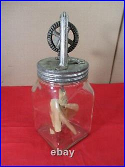 Antique 2 QT Glass Jar Butter Churn Mixer Metal Gears Wooden Paddles Hand Crank