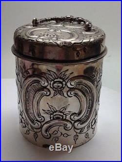 Antique 800 Silver Handled Lid Canister Jar With Flower Motif, Made In Germany