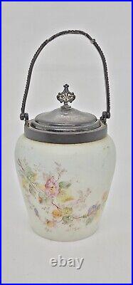 Antique Aj Hall Meriden Floral Biscuit Jar Victorian Silver Plate Handle & LID