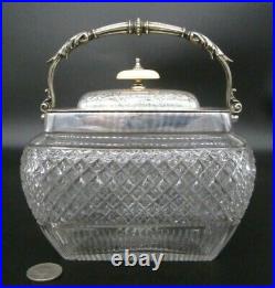 Antique American Brilliant English Cut Glass Crystal Silverplate Biscuit Box Jar