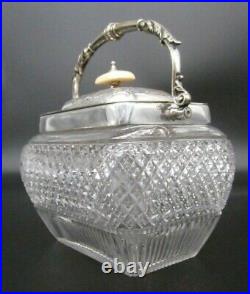 Antique American Brilliant English Cut Glass Crystal Silverplate Biscuit Jar Box