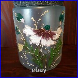 Antique Art Glass Biscuit Jar Hand Painted Metal Handle & Lid Flowers Floral