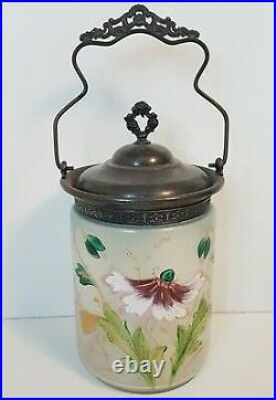 Antique Art Glass Biscuit Jar Hand Painted Metal Handle & Lid Flowers Floral