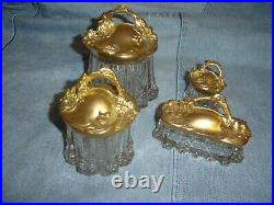 Antique Art Nouveau Cut Glass Dresser Jar with Metal Gold Handle Lid Set of 4