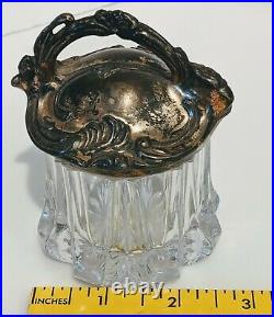Antique Art Nouveau Cut Glass Dresser Jar with Metal Handle Lid Small