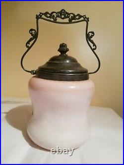 Antique Austrian handpainted milkglass bisquit/ cracker jar with lid and handle