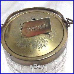 Antique Biscuit Barrel Jar Glass Brass Biscuit Label Tag Grapes Lid Handled