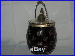 Antique Biscuit Cracker Jar Ruby Red Thumb Print Cut To Clear Silver Rim Handle