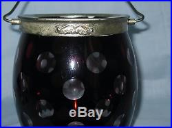 Antique Biscuit Cracker Jar Ruby Red Thumb Print Cut To Clear Silver Rim Handle