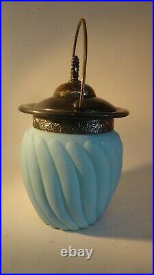 Antique Biscuit Jar Blue Glass with Silver Plate Lid and Handle