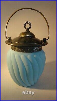 Antique Biscuit Jar Blue Glass with Silver Plate Lid and Handle