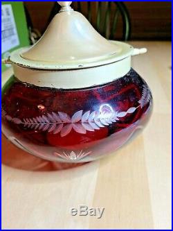 Antique Biscuit Jar Bohemian Glass Deep Red Cut to Clear 9.5 Tall to Handle