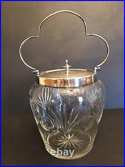 Antique Biscuit Jar- Cut Glass and silver plate top and handle Made In England