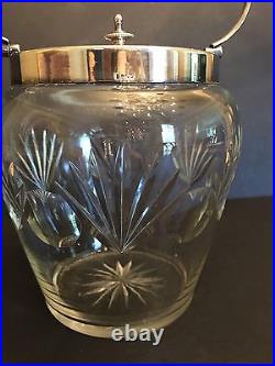 Antique Biscuit Jar- Cut Glass and silver plate top and handle Made In England
