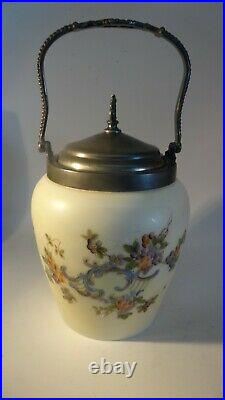 Antique Biscuit Jar Pewter Lid Handle Jar 6 1/2