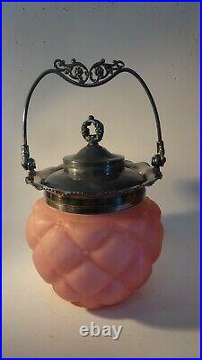 Antique Biscuit Jar Pink Glass with Silver Plate Lid and Handle