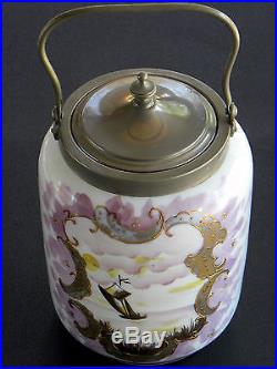 Antique Blown Glass Biscuit Jar Hand Painted Gilt Trim Metal LID & Handle