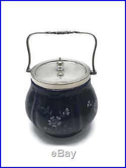 Antique Blue Ceramic Biscuit Cookie Jar Floral Silverplated Lid Bail Handle 8