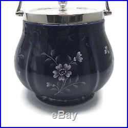 Antique Blue Ceramic Biscuit Cookie Jar Floral Silverplated Lid Bail Handle 8