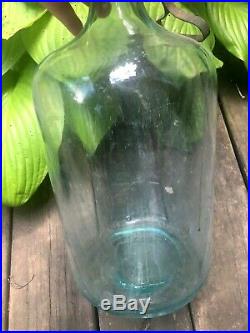 Antique Blue Glass Kerosene Jug Jar Container Metal Handle 16 1/2