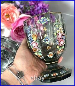 Antique Bohemian Glass/Crystal Lidded Jar/Compot Enamel Flowers Gilt, Moser Type