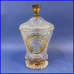 Antique Bohemian Glass Yellow Stained Cut and Engraved Lidded Jar