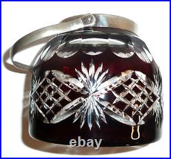 Antique Bohemian Ruby Red Cut to Clear Glass Biscuit Jar 1900s Heavy