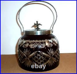 Antique Bohemian Ruby Red Cut to Clear Glass Biscuit Jar 1900s Heavy