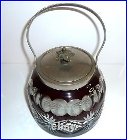 Antique Bohemian Ruby Red Cut to Clear Glass Biscuit Jar 1900s Heavy