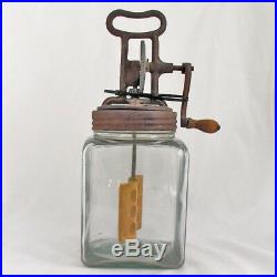 Antique Butter Churn Glass Square Jar Cast Iron Crank Wood Paddle Handle on Top