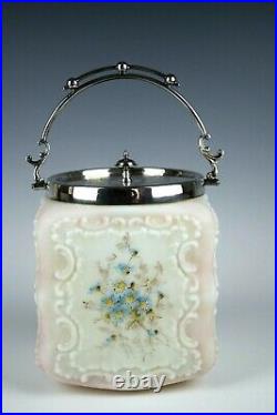 Antique CF MONROE WAVE CREST Square Biscuit Cracker Jar Blue Flowers SP Lid