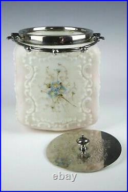 Antique CF MONROE WAVE CREST Square Biscuit Cracker Jar Blue Flowers SP Lid
