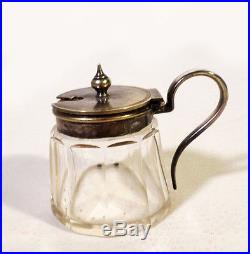 Antique C. 1880s Victorian Cyrstal Glass Mustard Jar Pot Silverplate Lid Handle