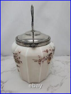 Antique C. F. Monroe Biscuit Jar Ivory Pink Hue Floral Silver Plated Lid