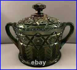 Antique Cambridge Carnival Glass Green Cracker Jar with Lid Inverted Feather