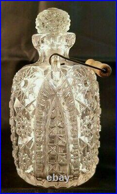 Antique Clear Cut Glass Jar Cruet with Stopper Lid Wood Handle
