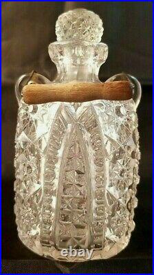 Antique Clear Cut Glass Jar Cruet with Stopper Lid Wood Handle